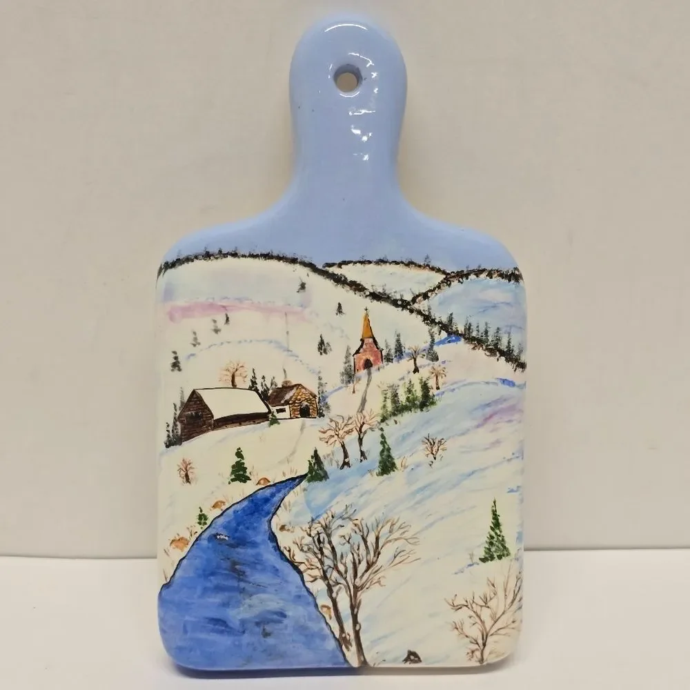 Vintage Handpainted Ceramic Cutting Board Wall Hanging Winter Christmas Decor